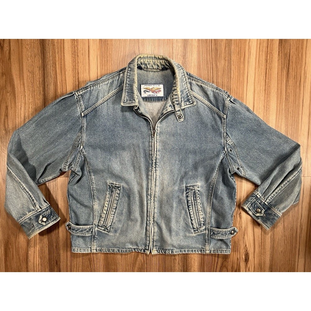 Perry Ellis “America” Vintage Denim Jacket Blue Denim Zip Up Mens XL Hip Hop
